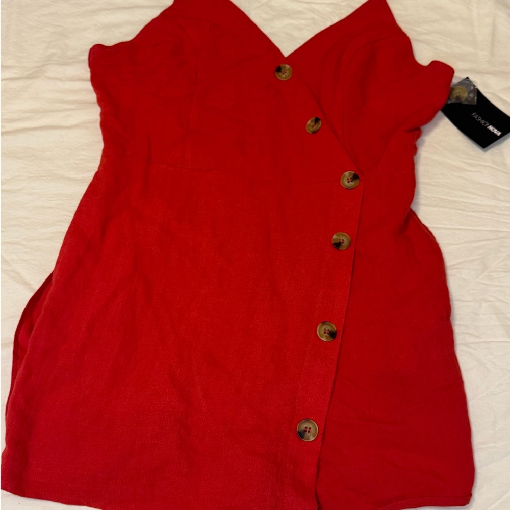 Red Button-Front Spaghetti Strap Romper